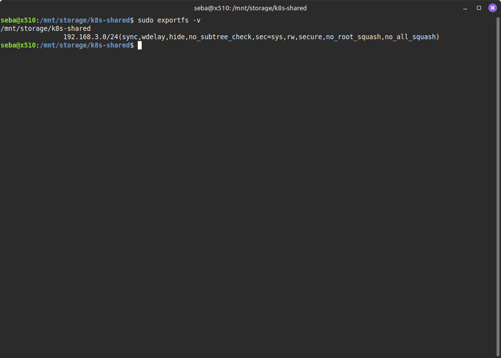 sudo exportfs -v