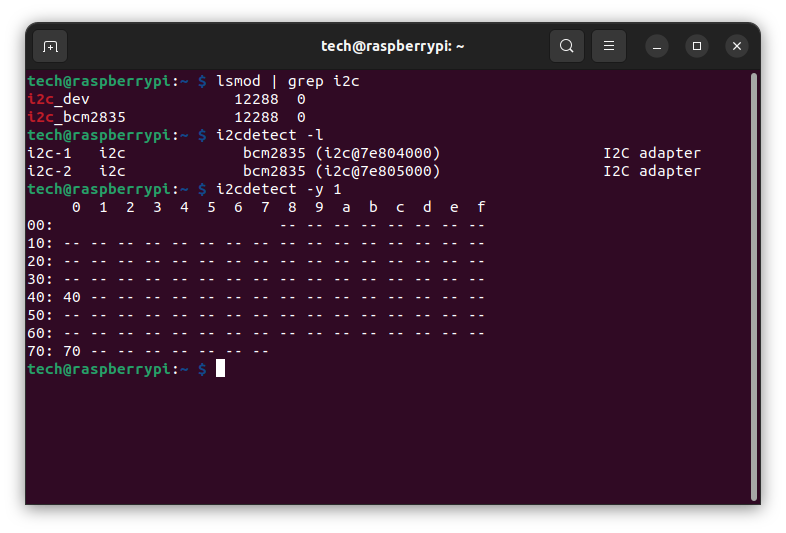 lsmod | grep i2c && i2cdetect -l && i2cdetect -y 1