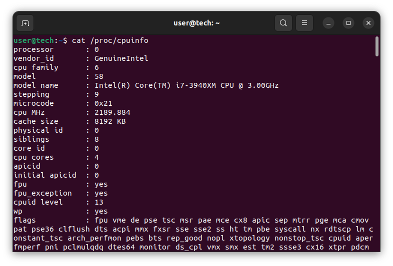 cat /proc/cpuinfo