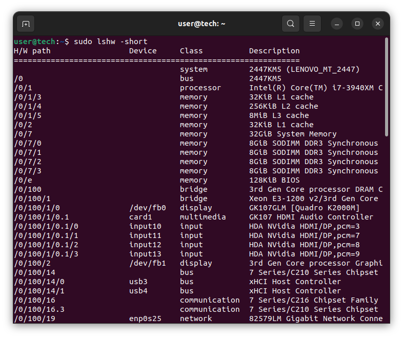sudo lshw -short