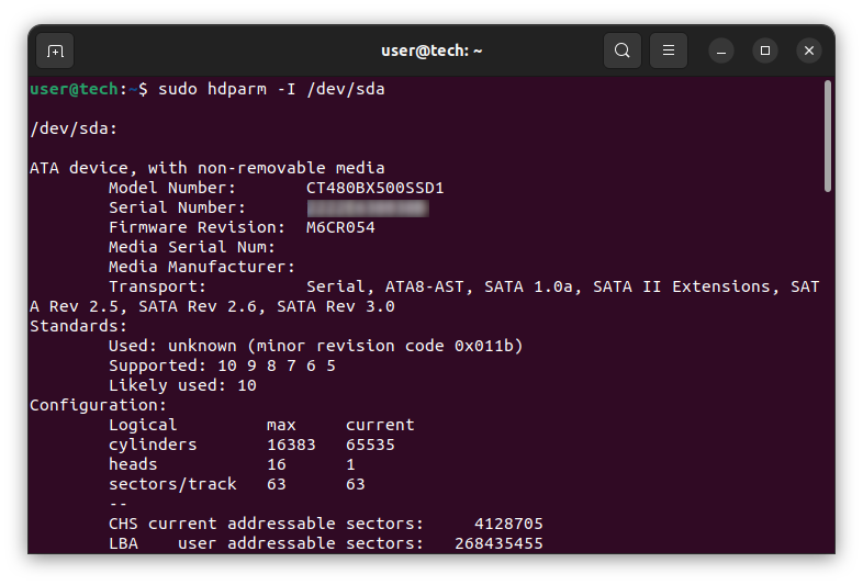 sudo hdparm -I /dev/sda