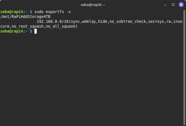 sudo exportfs -v